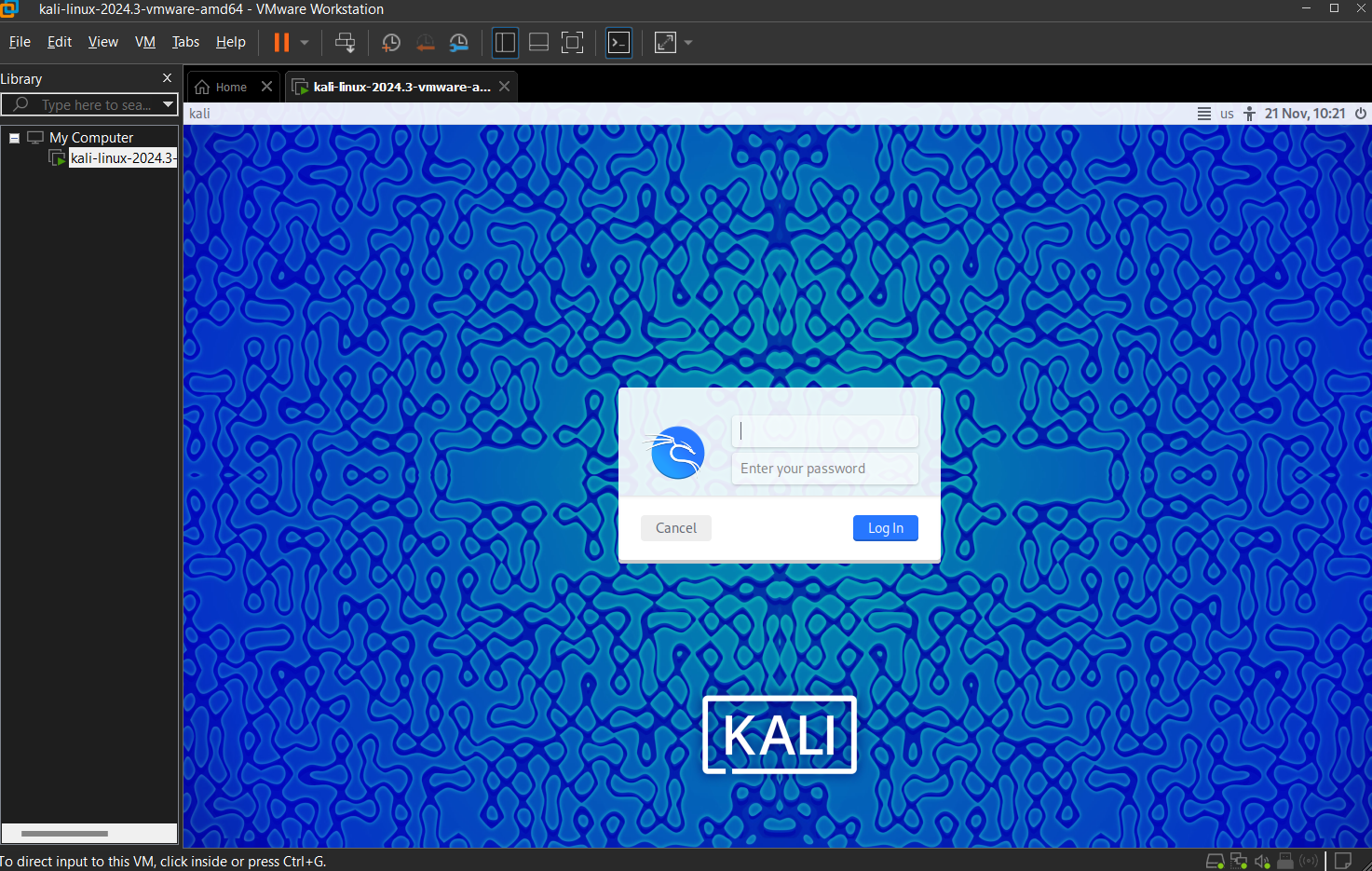 The VMware Kali fully loaded