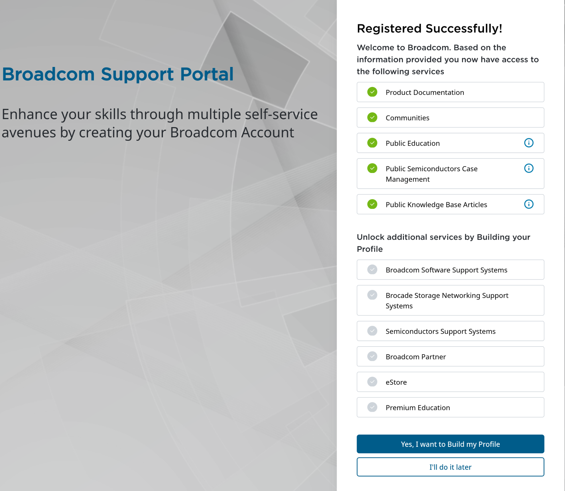 Broadcom "Registration Successful" page